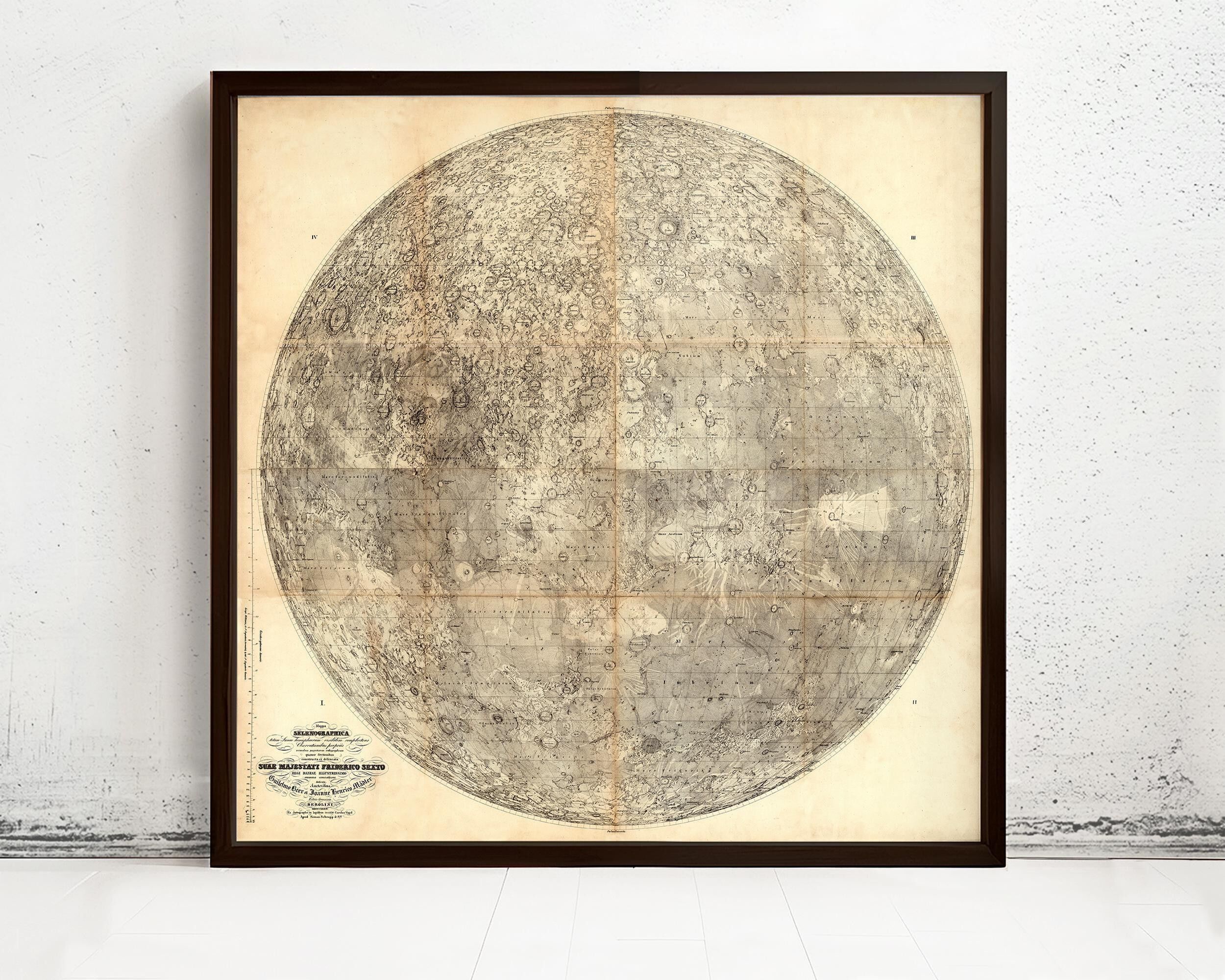Vecchia mappa della Luna, mappa vintage del 1834 | Stampa artistica da parete con mappa vintage | Stampa di poster di grandi dimensioni | Decorazione da parete per la casa
