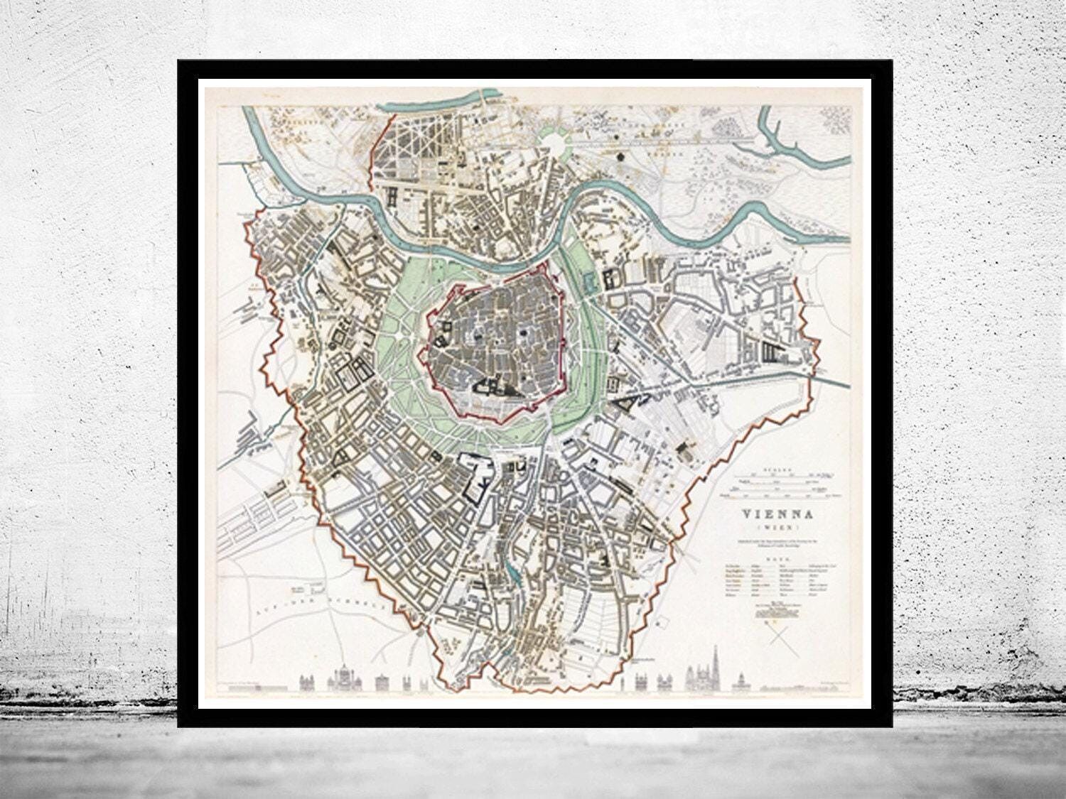Vecchia mappa di Vienna con incisioni, Austria 1833 Vintage | Stampa artistica da parete con mappa d'epoca