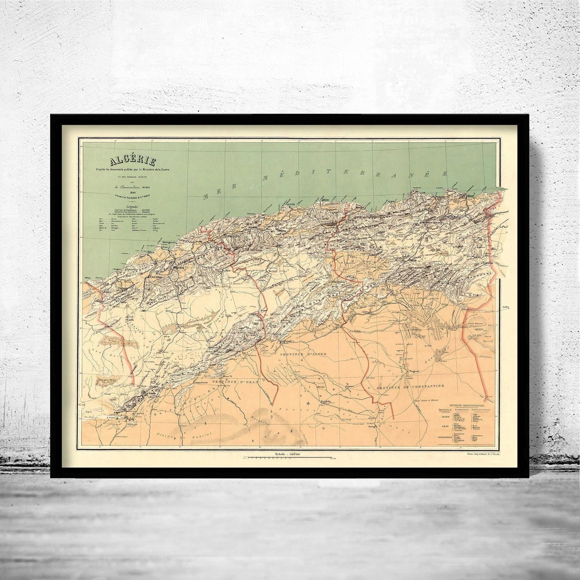 Old Map of Algeria Algerie 1884 Vintage map  | Vintage Map Wall Art Print