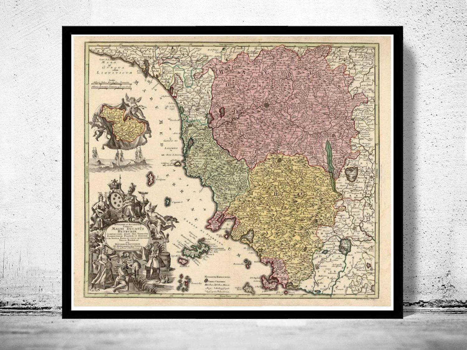 Vecchia mappa della Toscana, Toscana, Italia, mappa vintage del 1750 | Stampa artistica da parete con mappa vintage