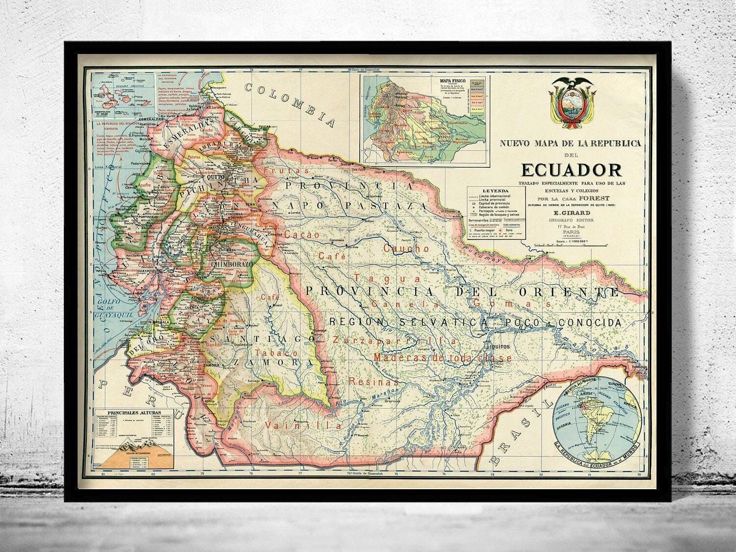 Vecchia mappa dell'Ecuador, 1902, Repubblica dell'Equatore, mappa vintage | Stampa artistica da parete con mappa vintage