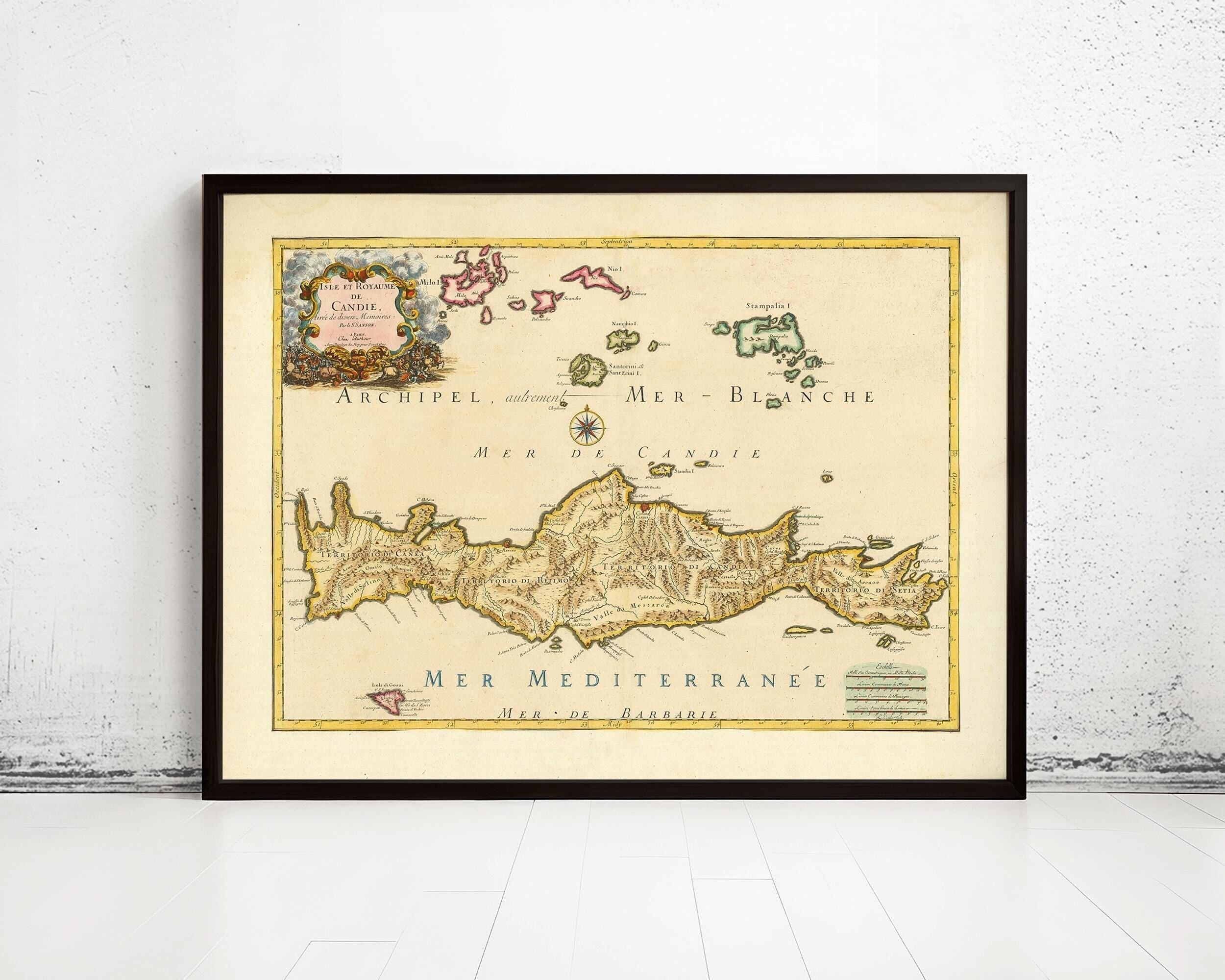 Vecchia mappa dell'isola di Creta 1670 Gozzi, Santorini, Stampalia, Nio Grecia Creta | Stampa artistica da parete con mappa d'epoca | Stampa di mappa di grandi dimensioni
