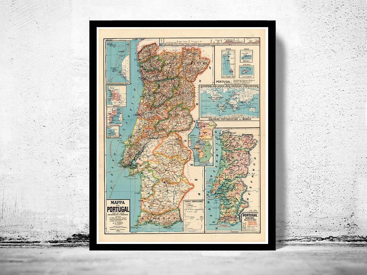 Vecchia mappa del Portogallo 1929 Mappa del Portogallo Mappa portoghese Mappa vintage del Portogallo | Stampa artistica da parete con mappa vintage | Stampa di mappa di grandi dimensioni