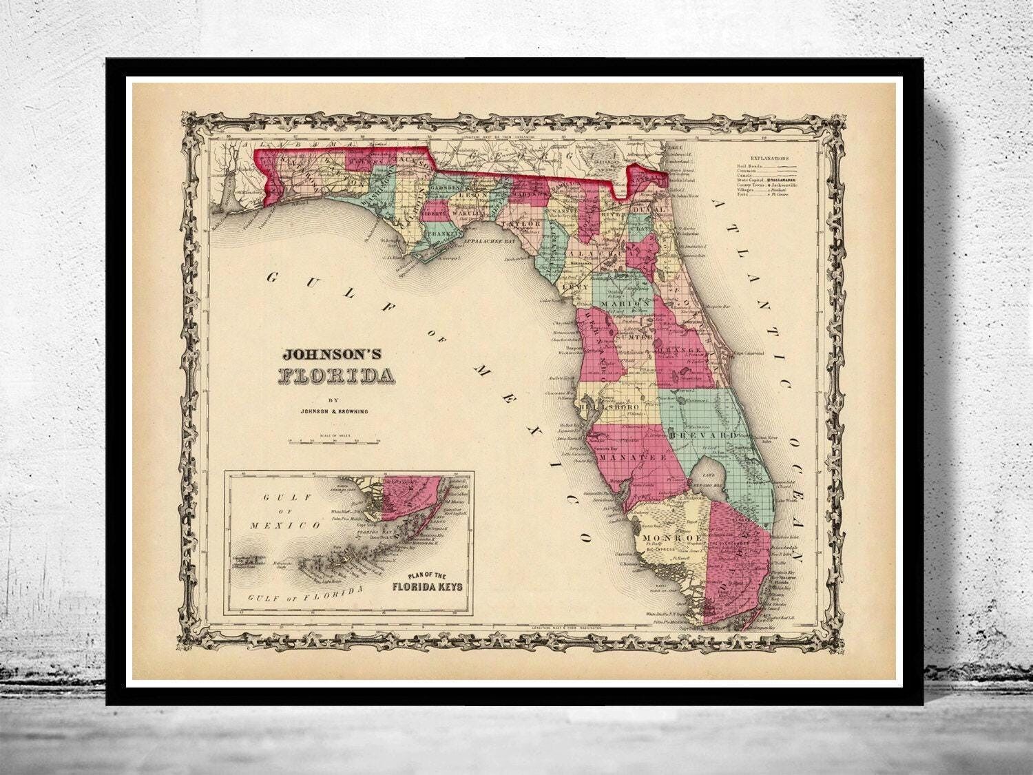 Vecchia mappa della Florida, mappa d'epoca del 1860 | Stampa artistica da parete con mappa d'epoca