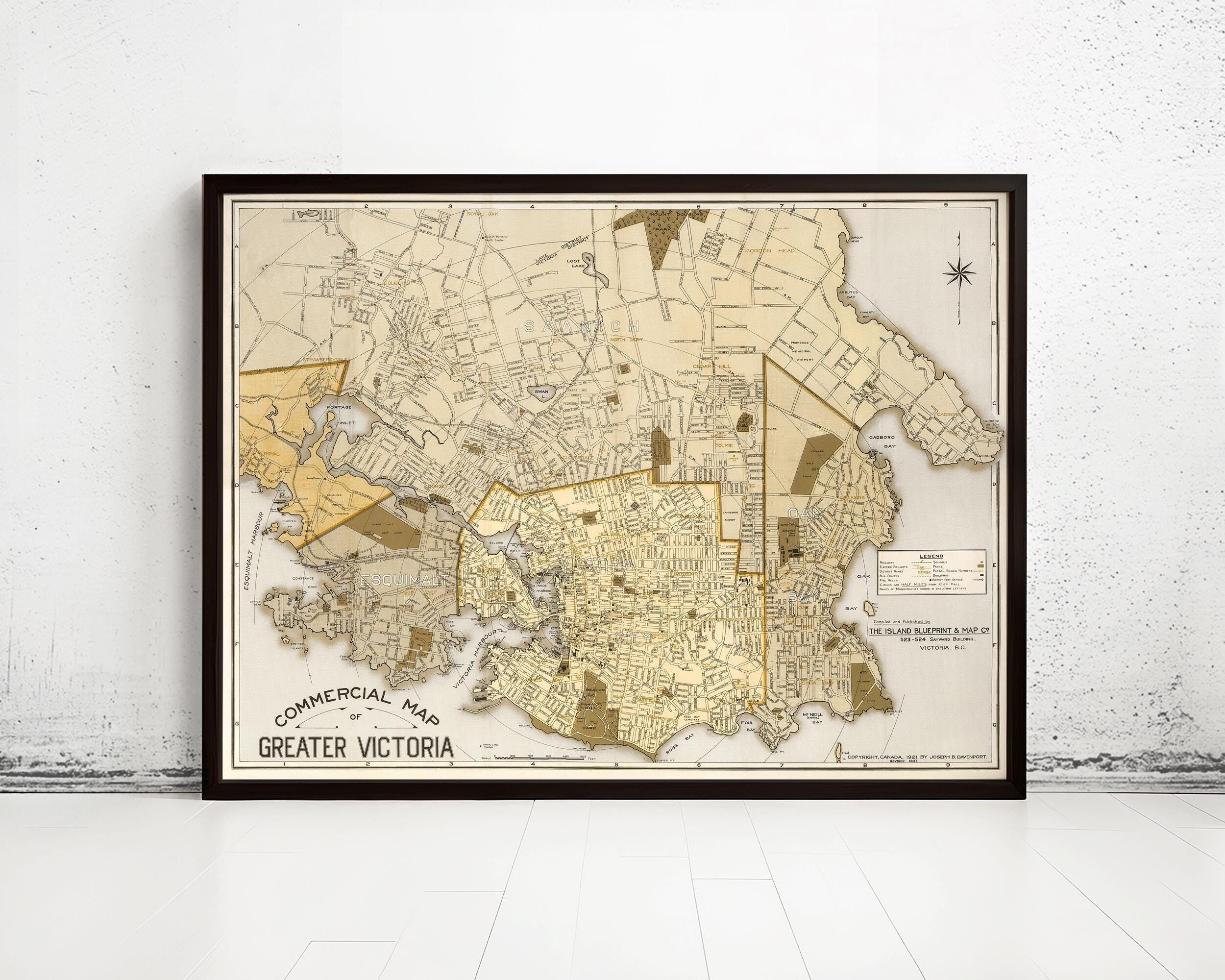Vecchia mappa della Grande Victoria, British Columbia, Canada, 1921, Victoria, BC, mappa vintage | Stampa artistica da parete con mappa vintage | Stampa di mappa di grandi dimensioni