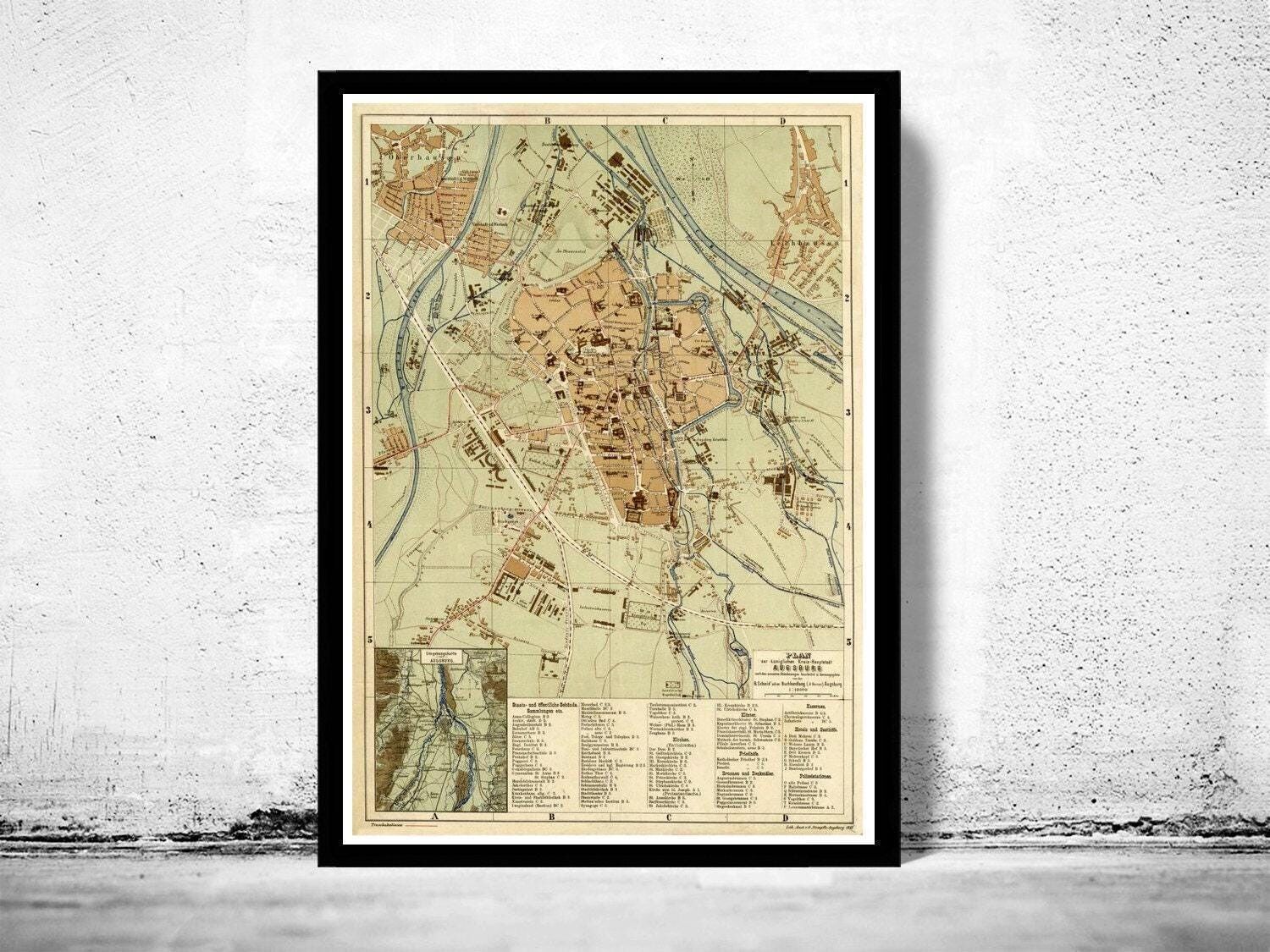 Old Map of Augsburg, Bavaria Germany 1888  | Vintage Map Wall Art Print