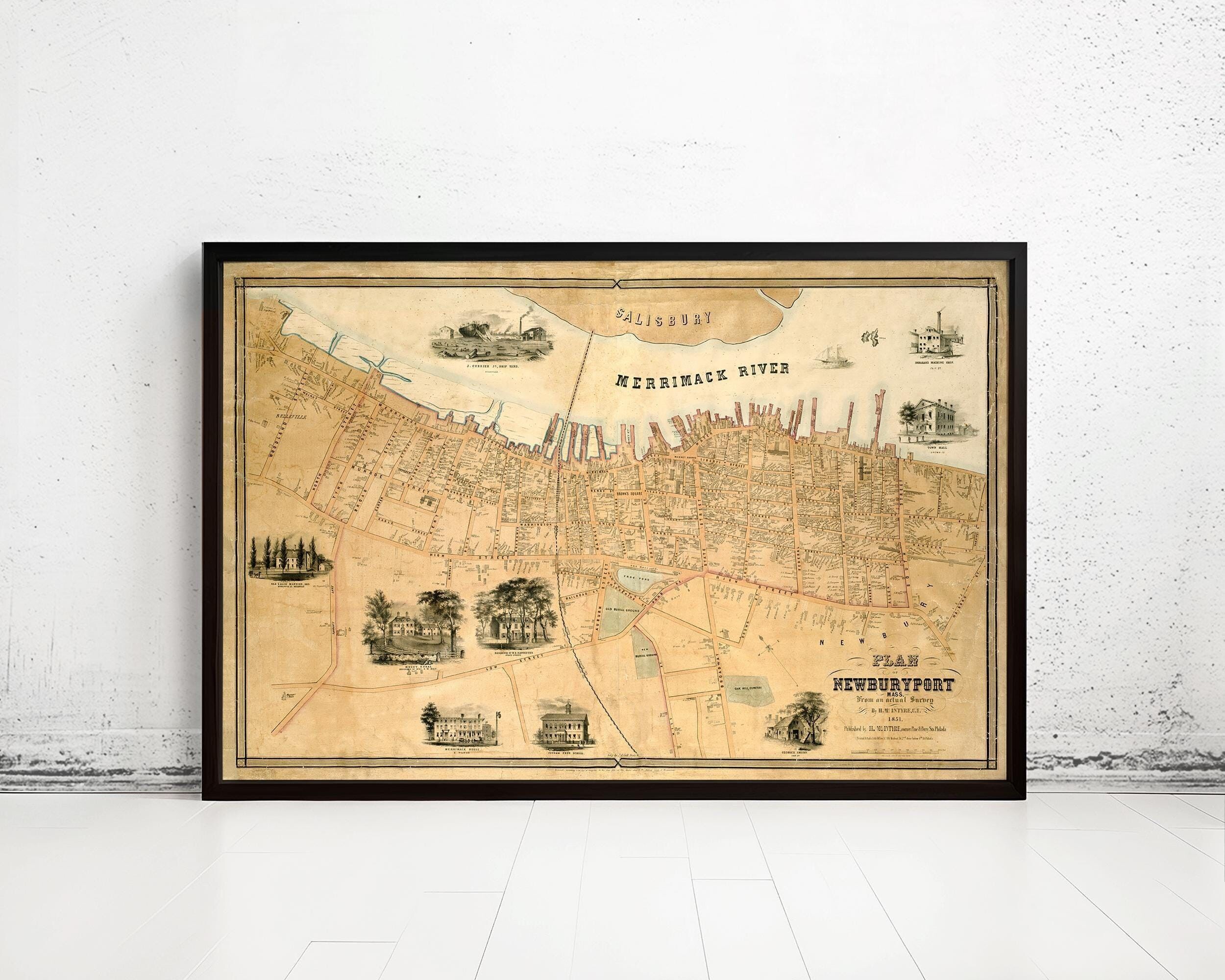 Old Map of NewburyPort Massachusetts Vintage 1851 Vintage Map | Vintage Map Wall Art Print