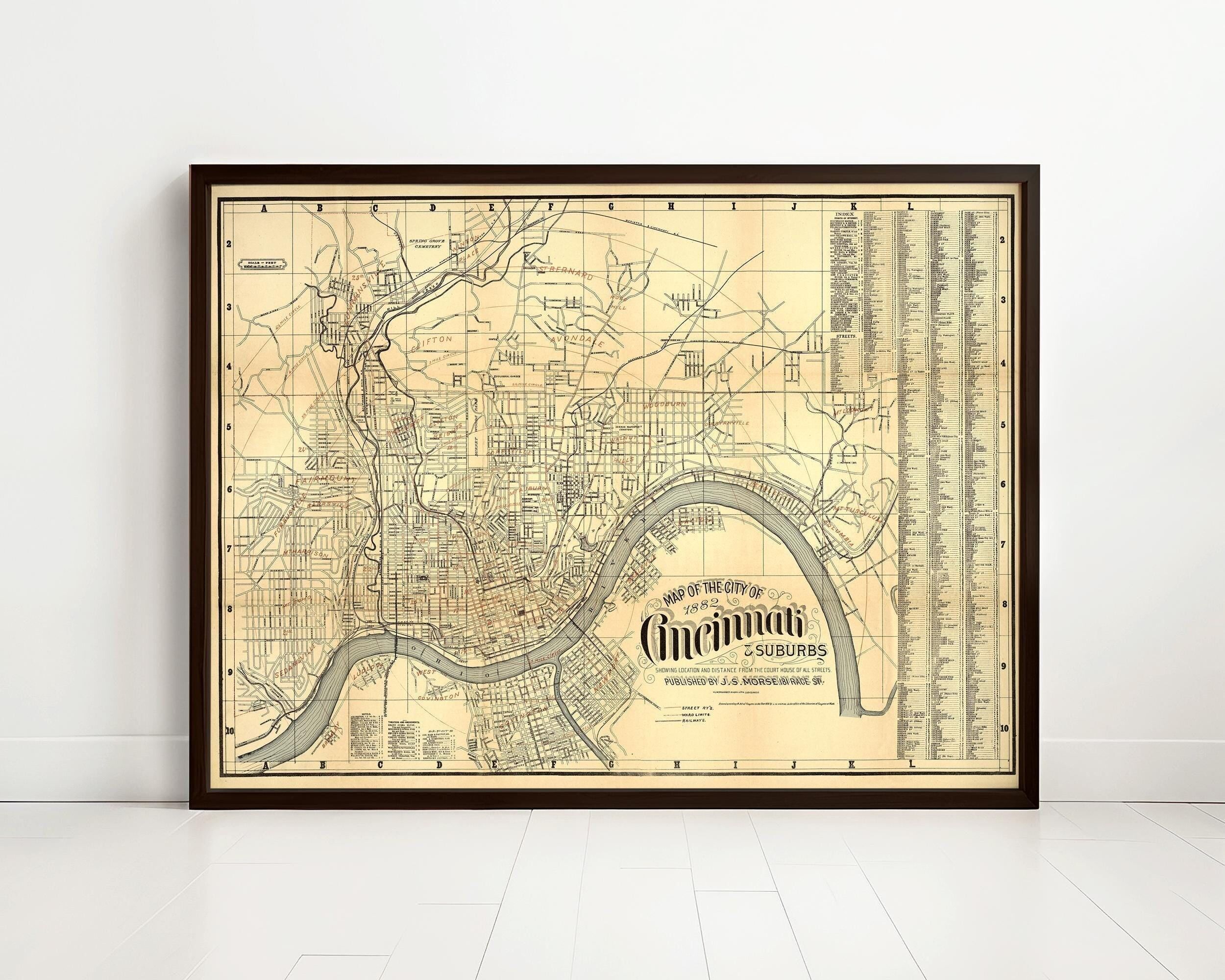 Old Map of Cincinnati 1882 Vintage Map | Vintage Map Wall Art Print