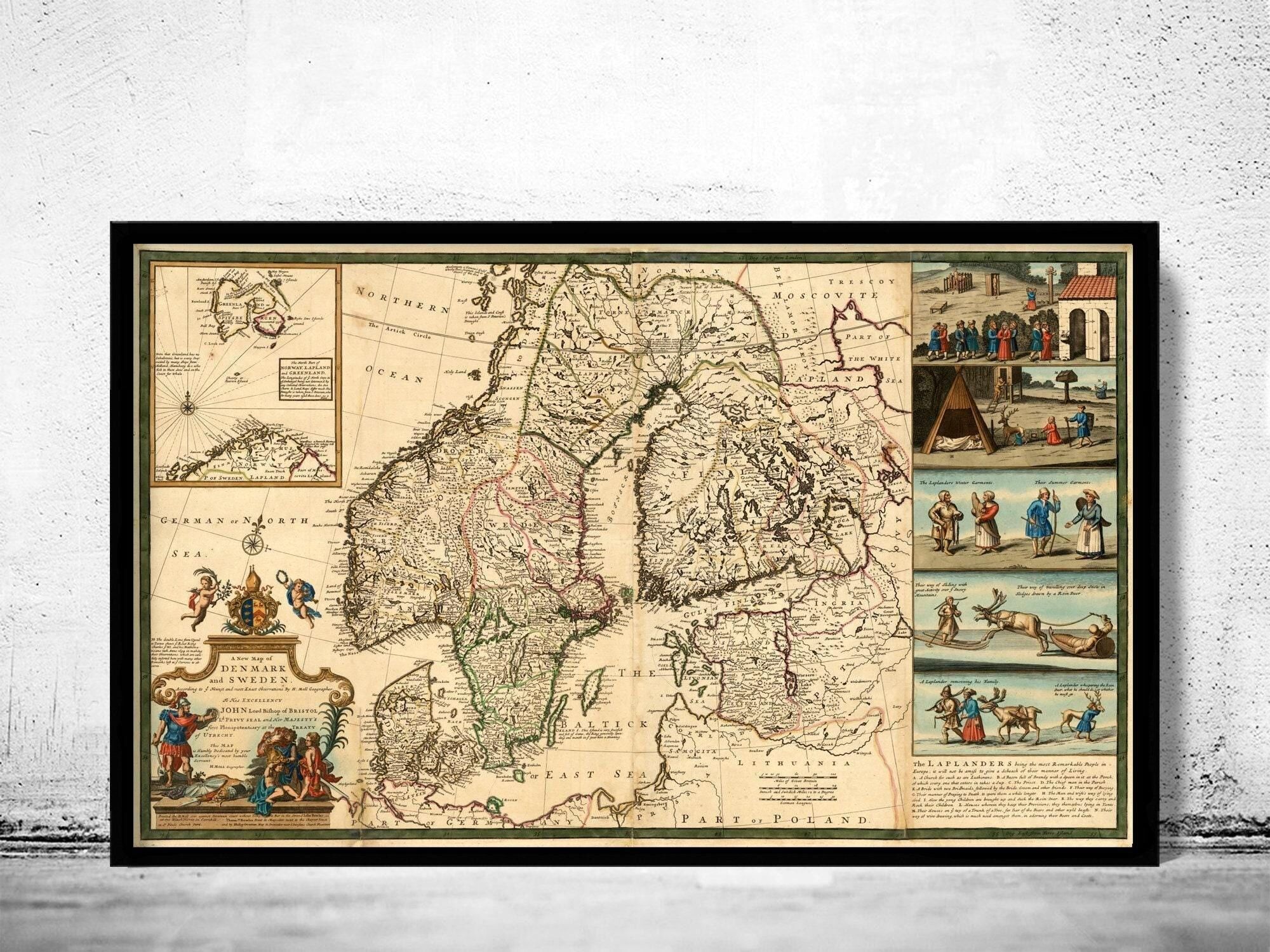 Old Map of Sweden and Denmark 1720 Vintage Map | Vintage Map Wall Art Print
