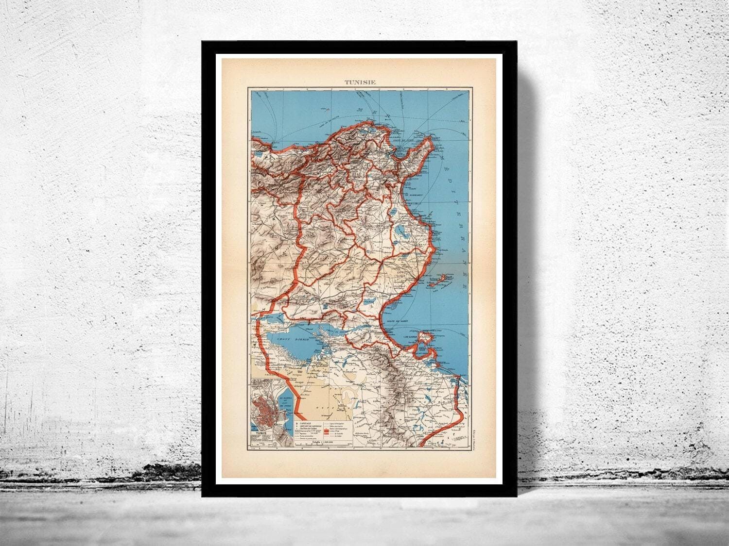 Old Map of Tunisie Tunisia 1939 Vintage Map  | Vintage Map Wall Art Print