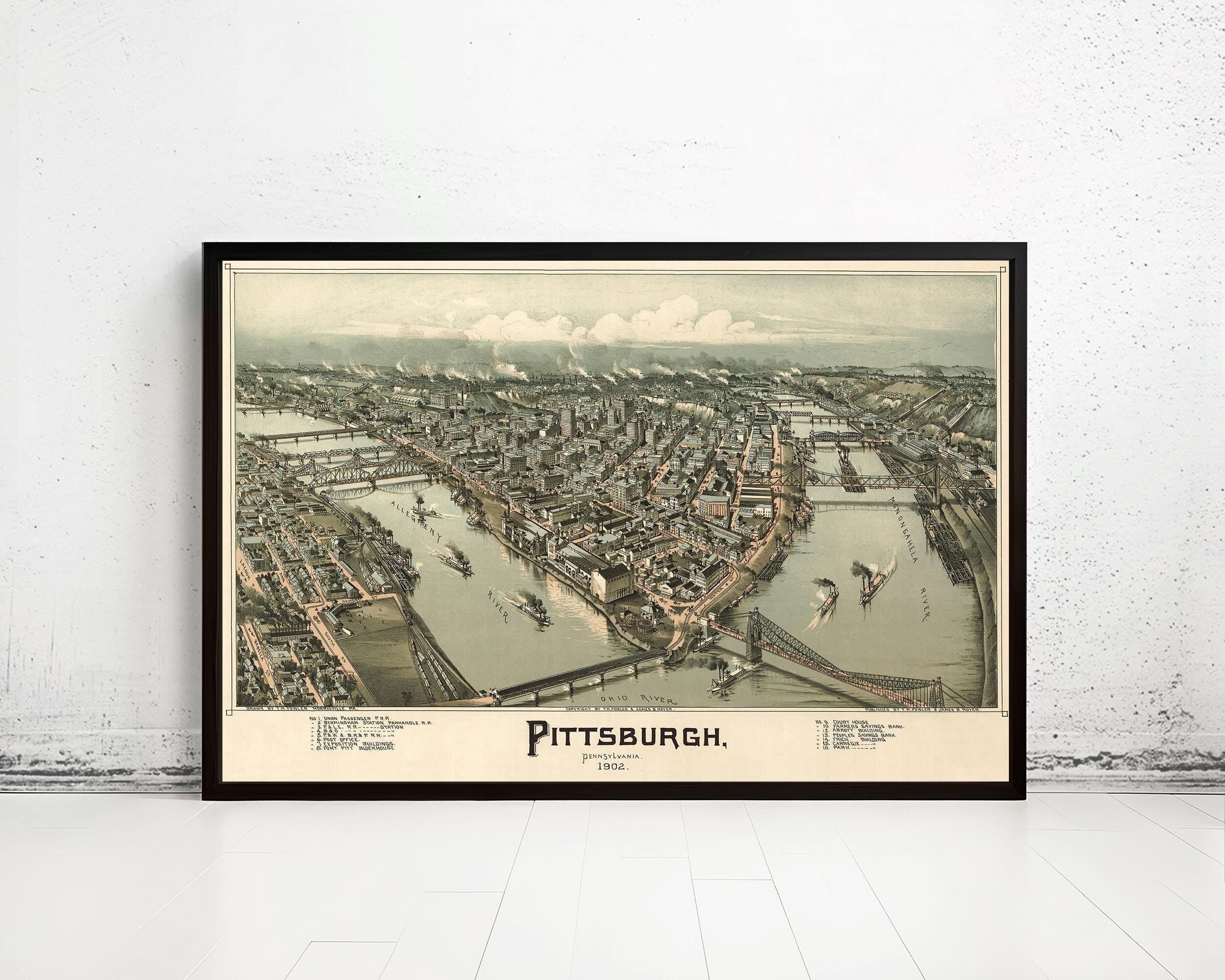 Panoramic View of Pittsburgh Pennsylvania 1902 Vintage Map | Vintage Map Wall Art Print
