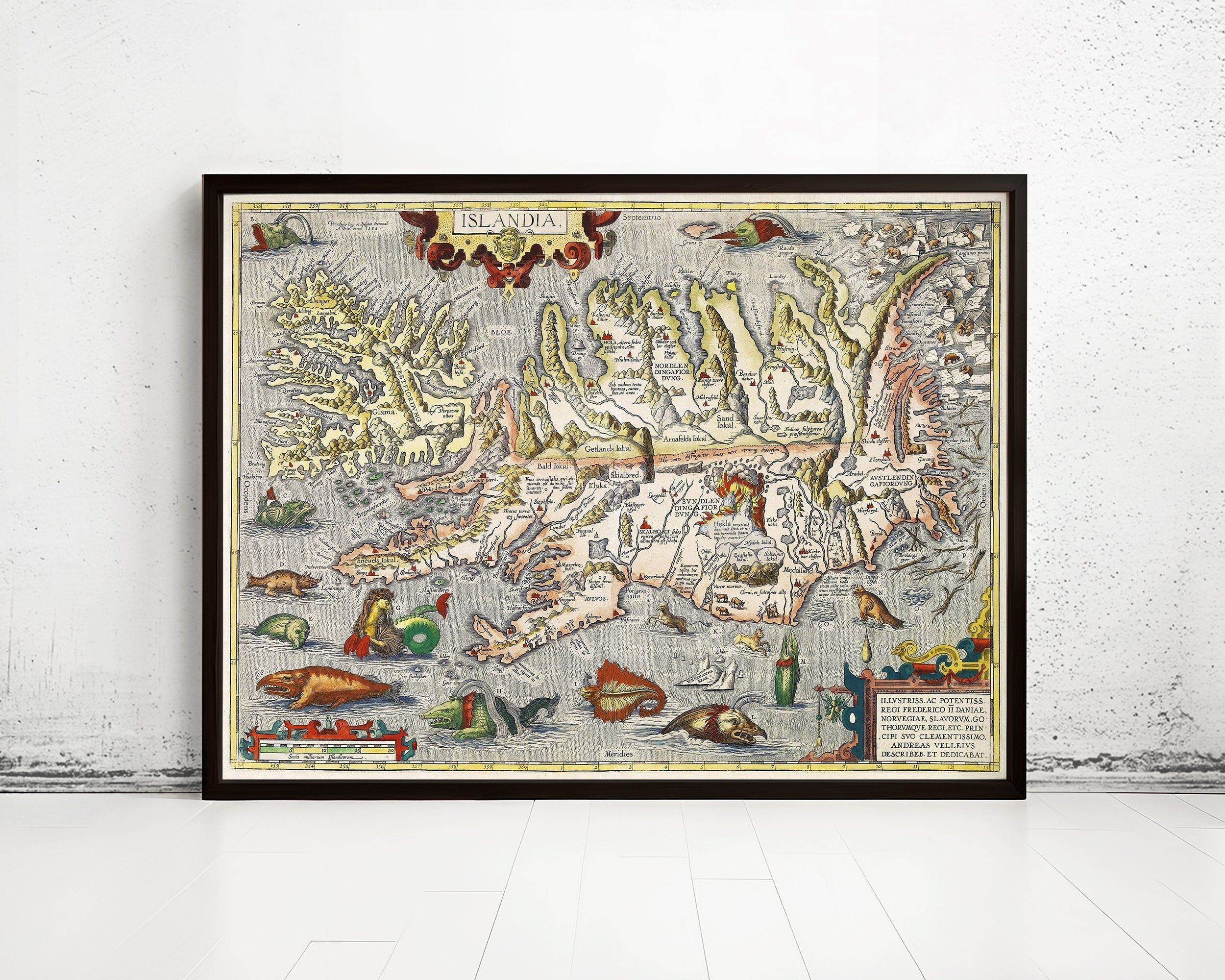 Old Map of Iceland islandia 1542 Island Sea Monsters Vintage Map | Vintage Map Wall Art Print