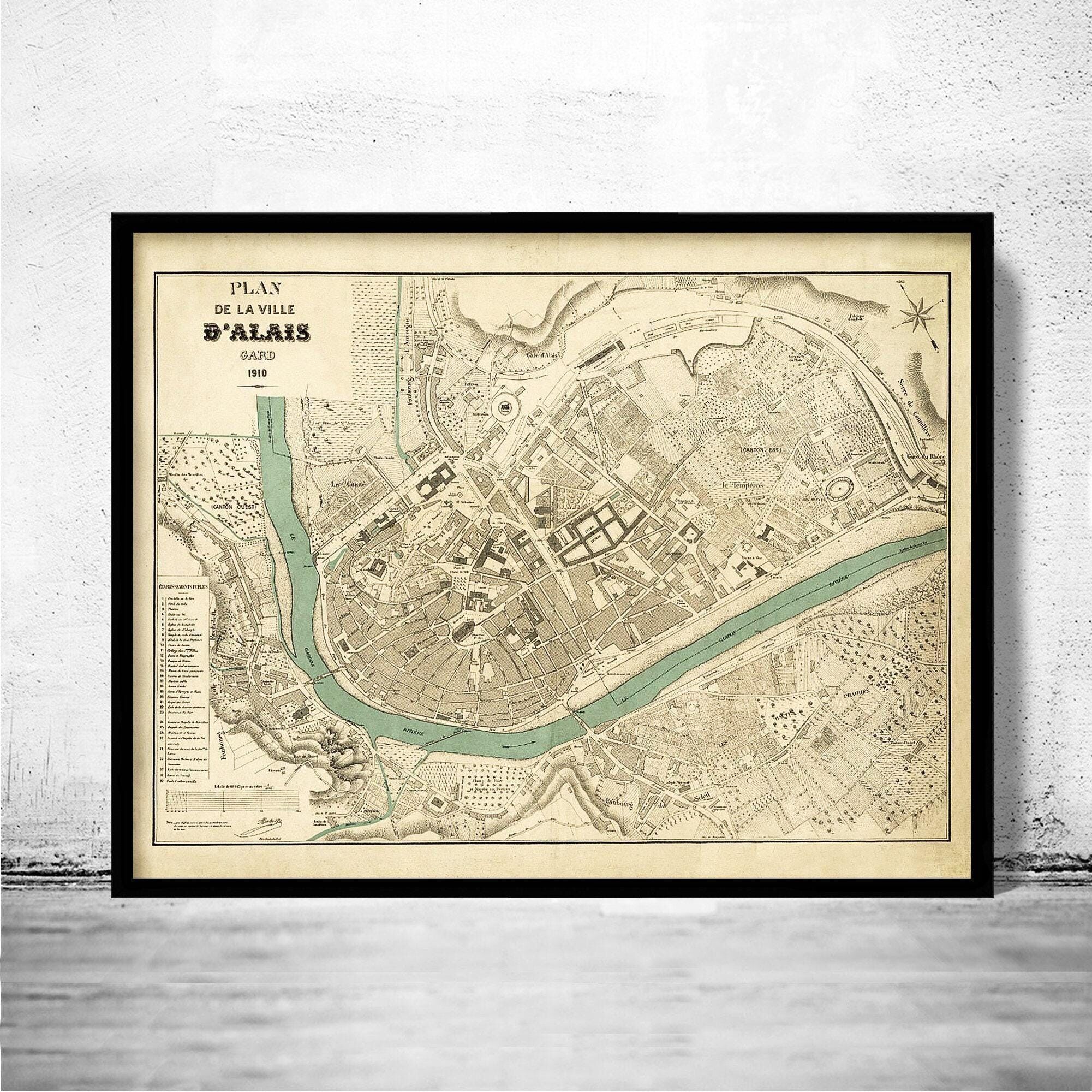 Old Map of Ville d'Alais 1910 Alés Carte France Vintage Map | Vintage Map Wall Art Print