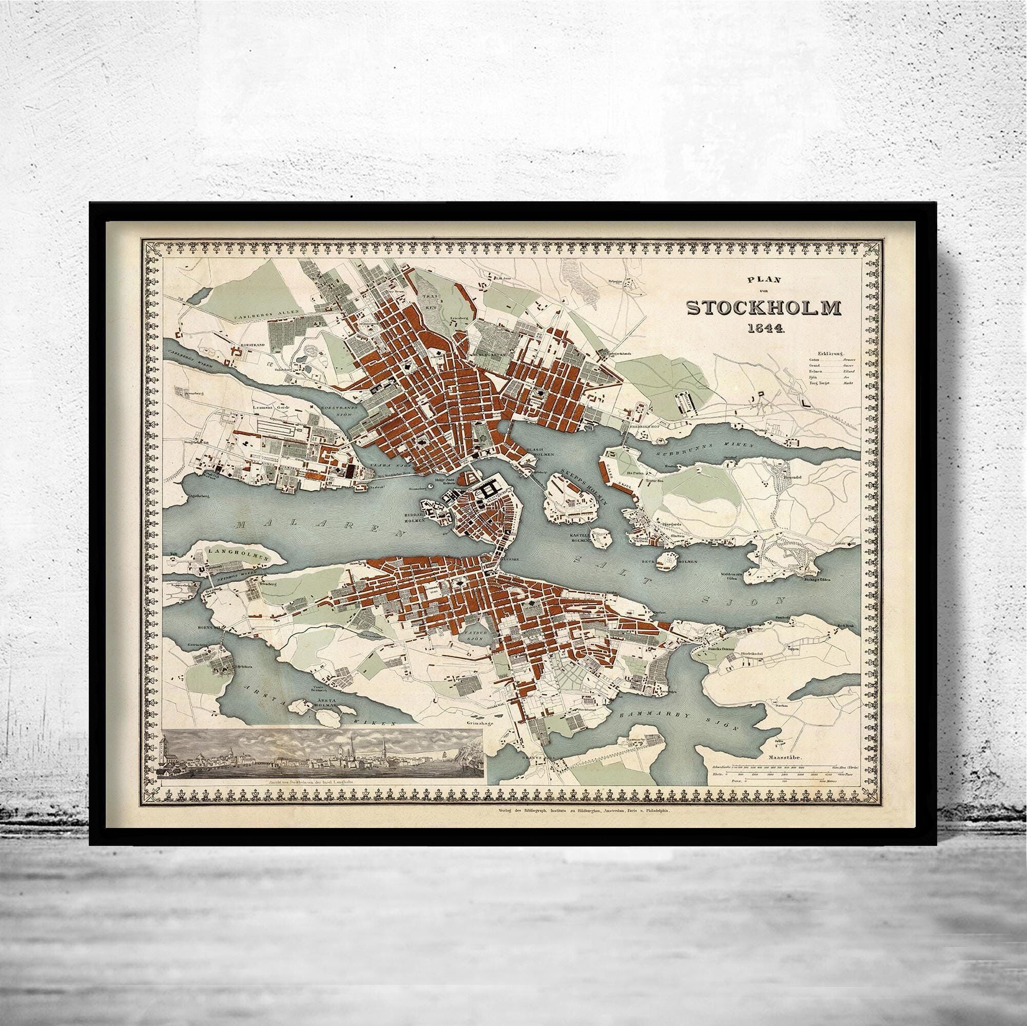 Old Map of Stockholm Sweden 1844 Vintage Map  | Vintage Map Wall Art Print