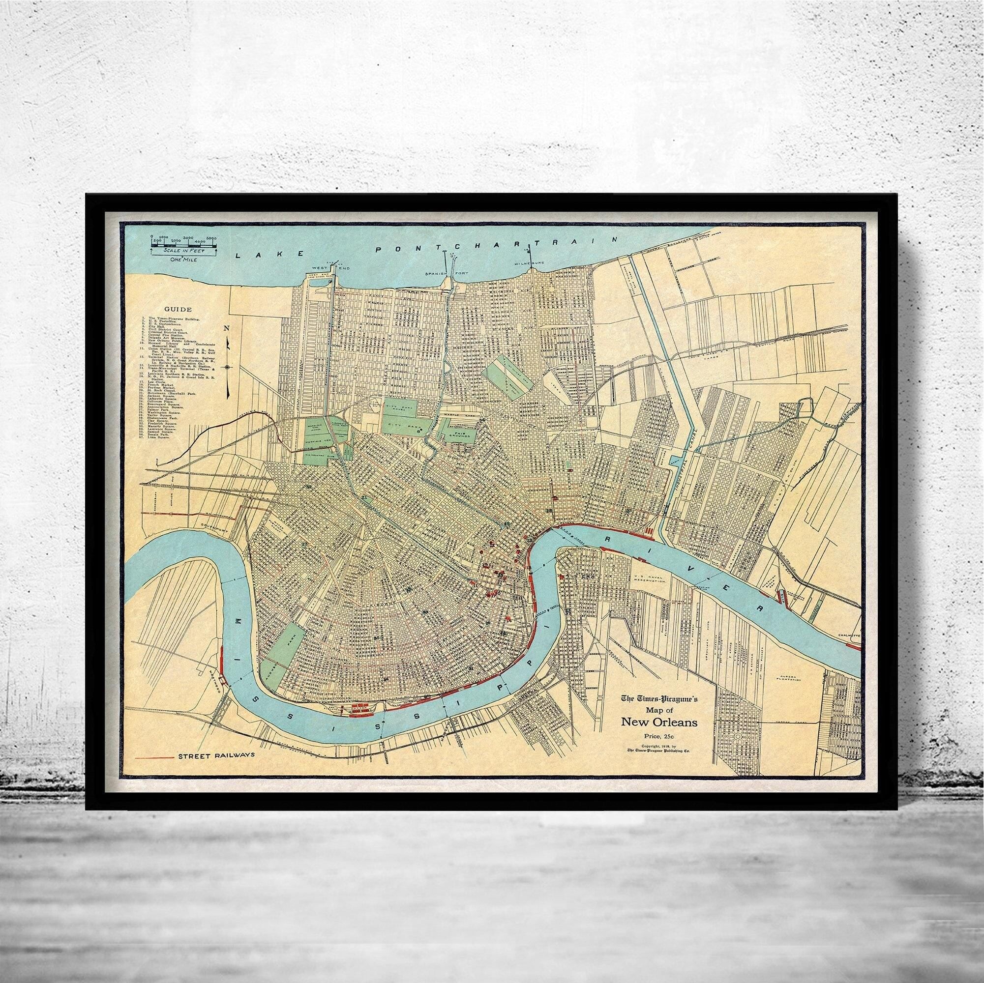 Old Map of New Orleans 1919 United States Vintage Map | Vintage Map Wall Art Print