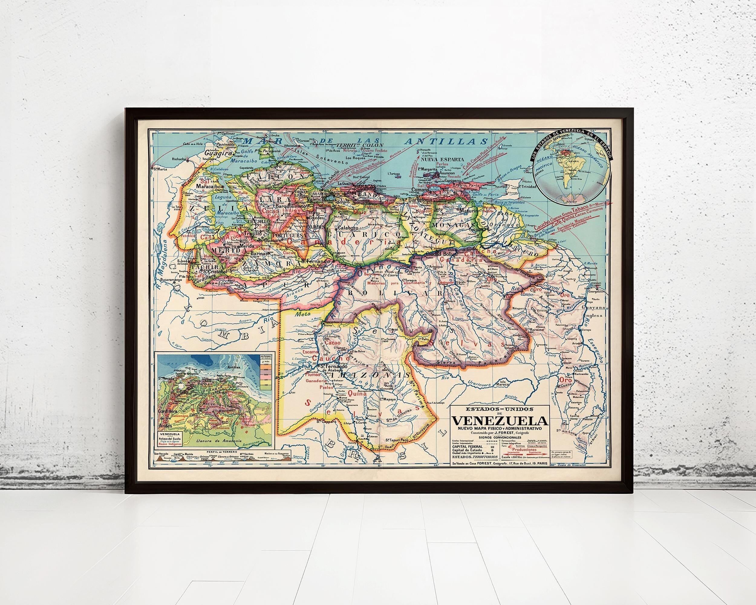 Old Map of Venezuela 1929 Vintage Map | Vintage Map Wall Art Print
