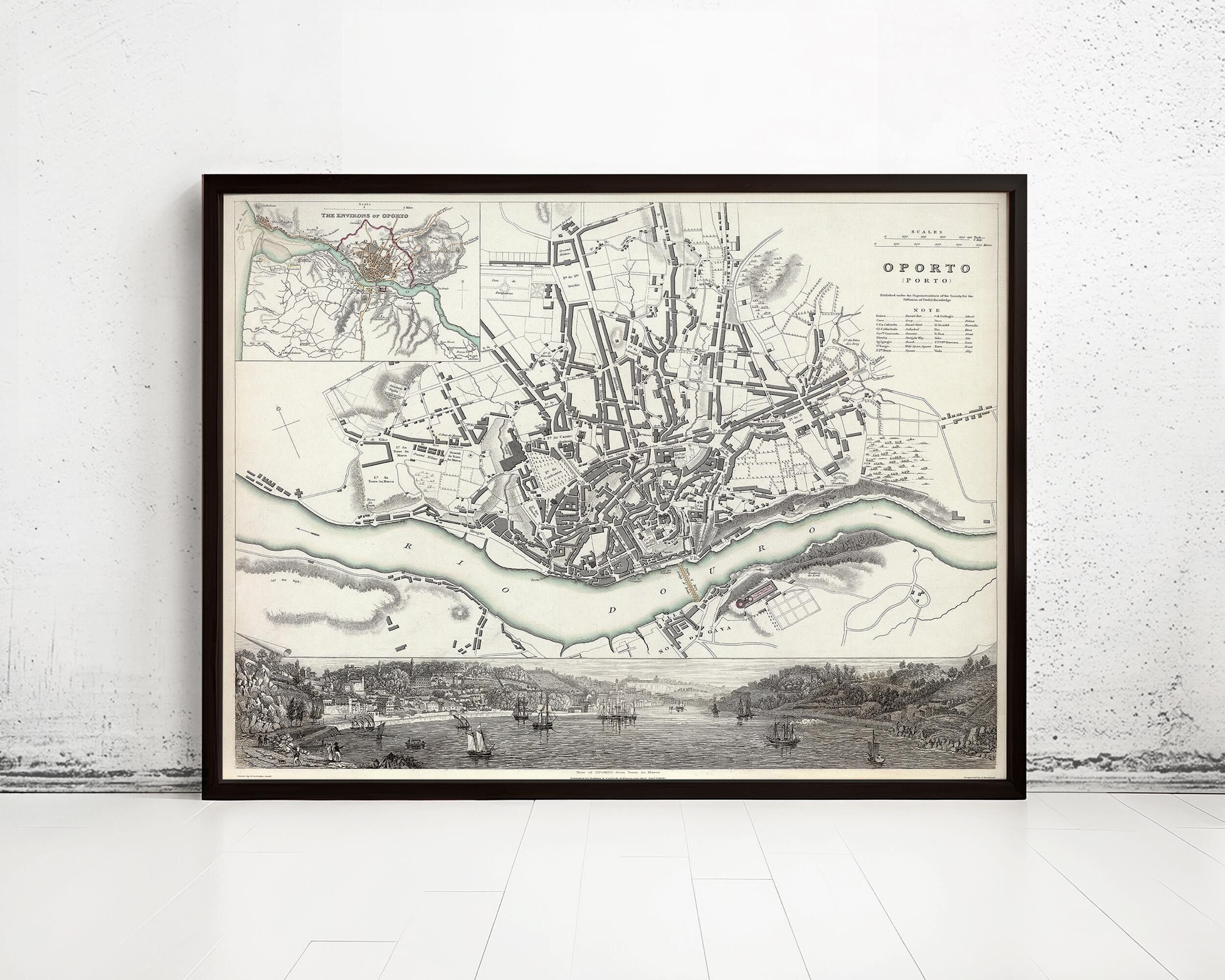 Vecchia mappa della città di Porto, Portogallo, 1833. Mappa d'epoca di Porto, Portogallo | Stampa artistica da parete con mappa d'epoca | Stampa di mappa di grandi dimensioni