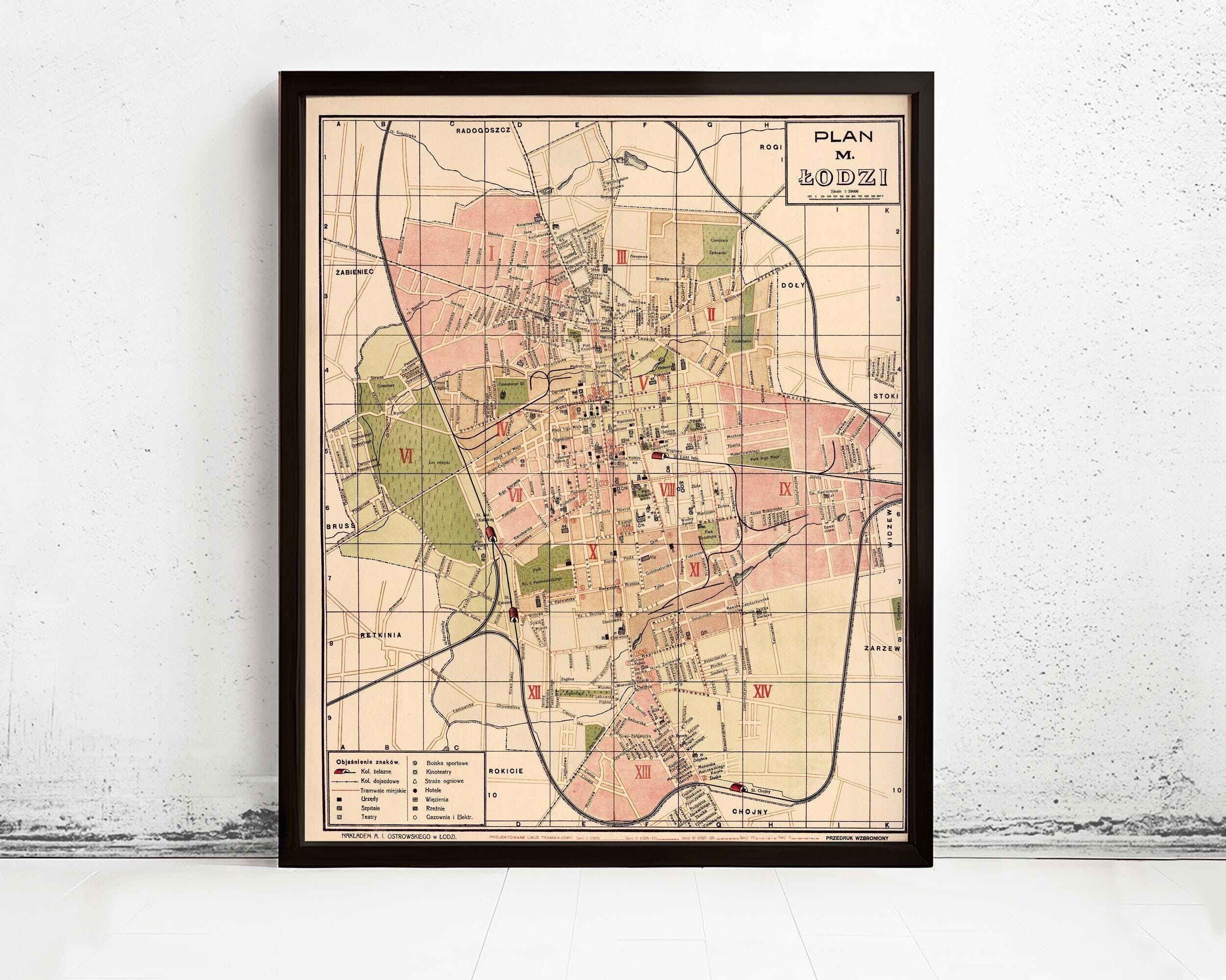 Vecchia mappa di Lodz, Polonia, 1927, mappa vintage | Stampa artistica da parete con mappa vintage