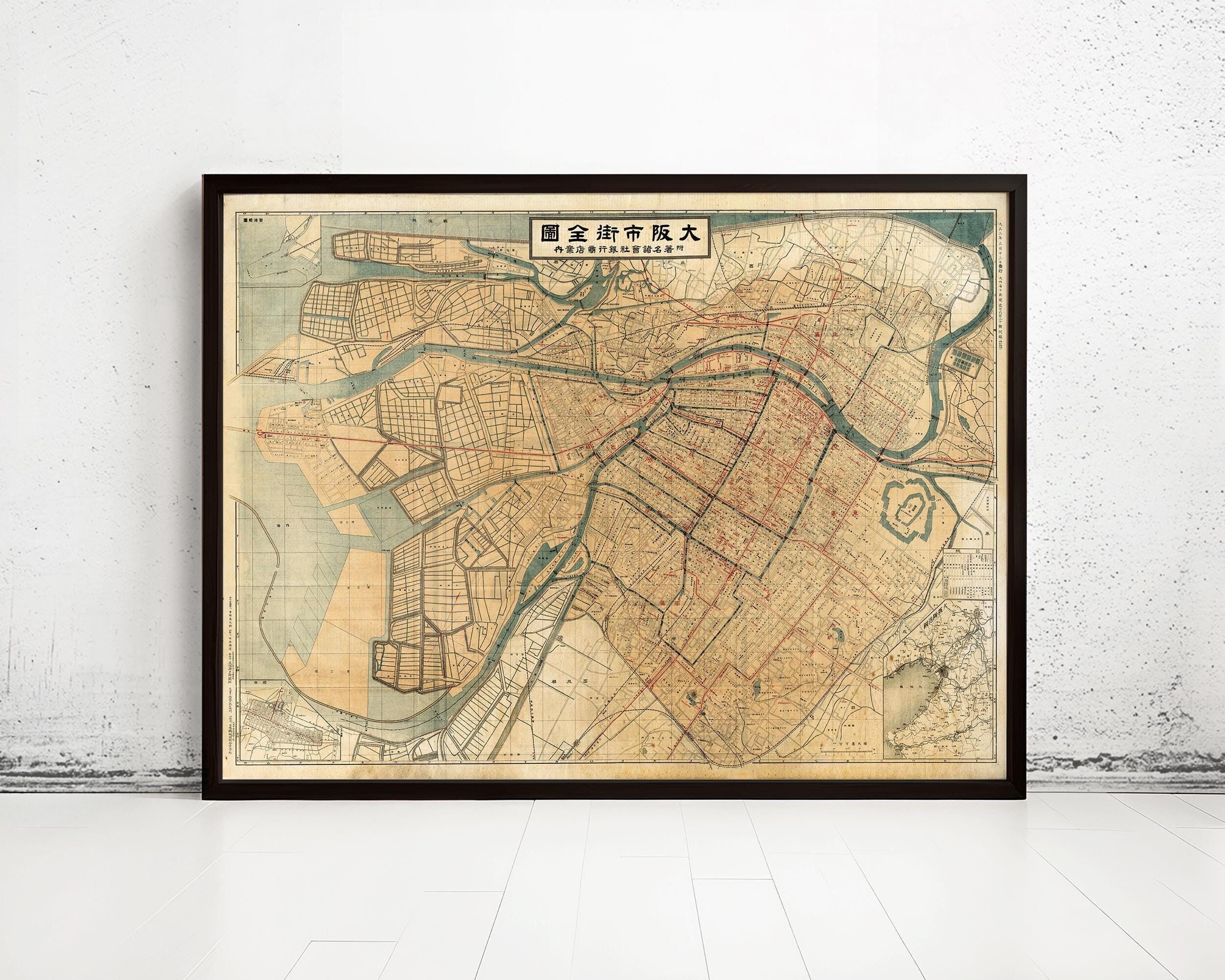 Vecchia mappa di Osaka, Giappone, 1913 | Stampa artistica da parete con mappa d'epoca