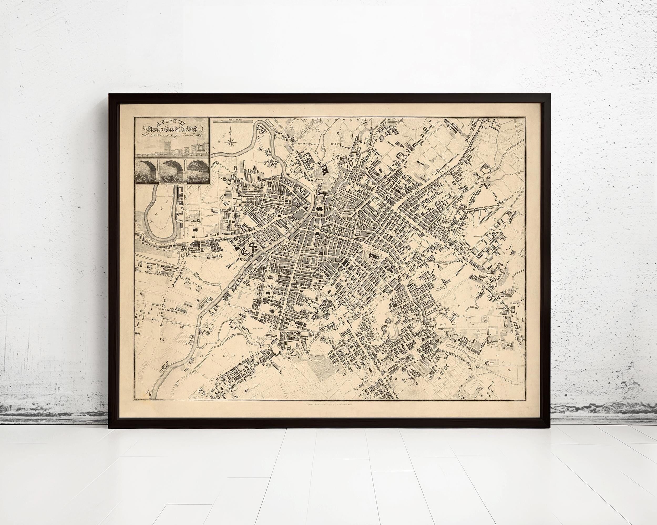 Vecchia mappa di Manchester, Regno Unito, 1825, mappa vintage | Stampa artistica da parete con mappa vintage