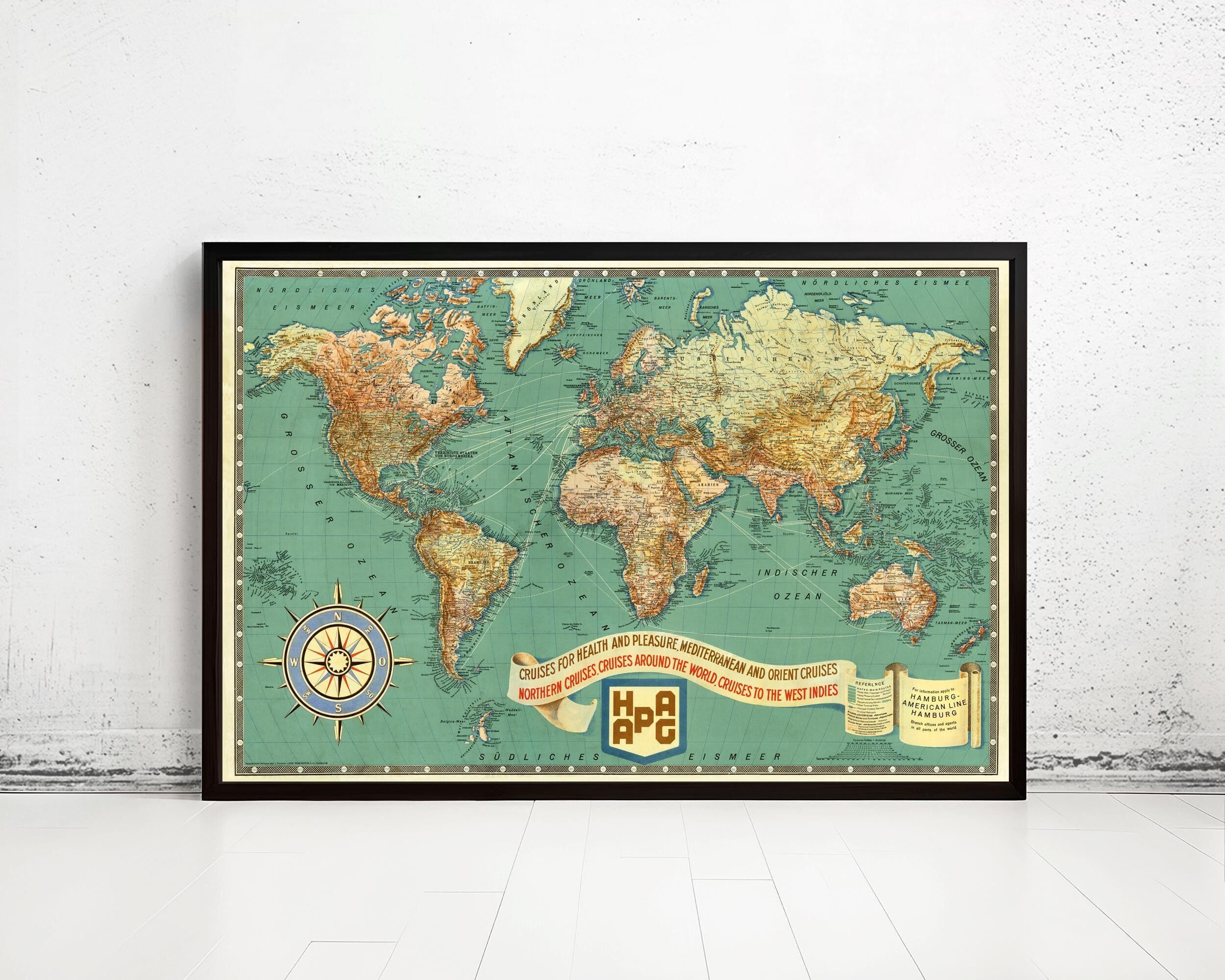 Bellissima mappa del mondo antico del 1931, crociere, salute, piacere, Hamburg Lines, German Airlines | Mappa del mondo in regalo, stampa della mappa del mondo | Mappa del mondo d'epoca