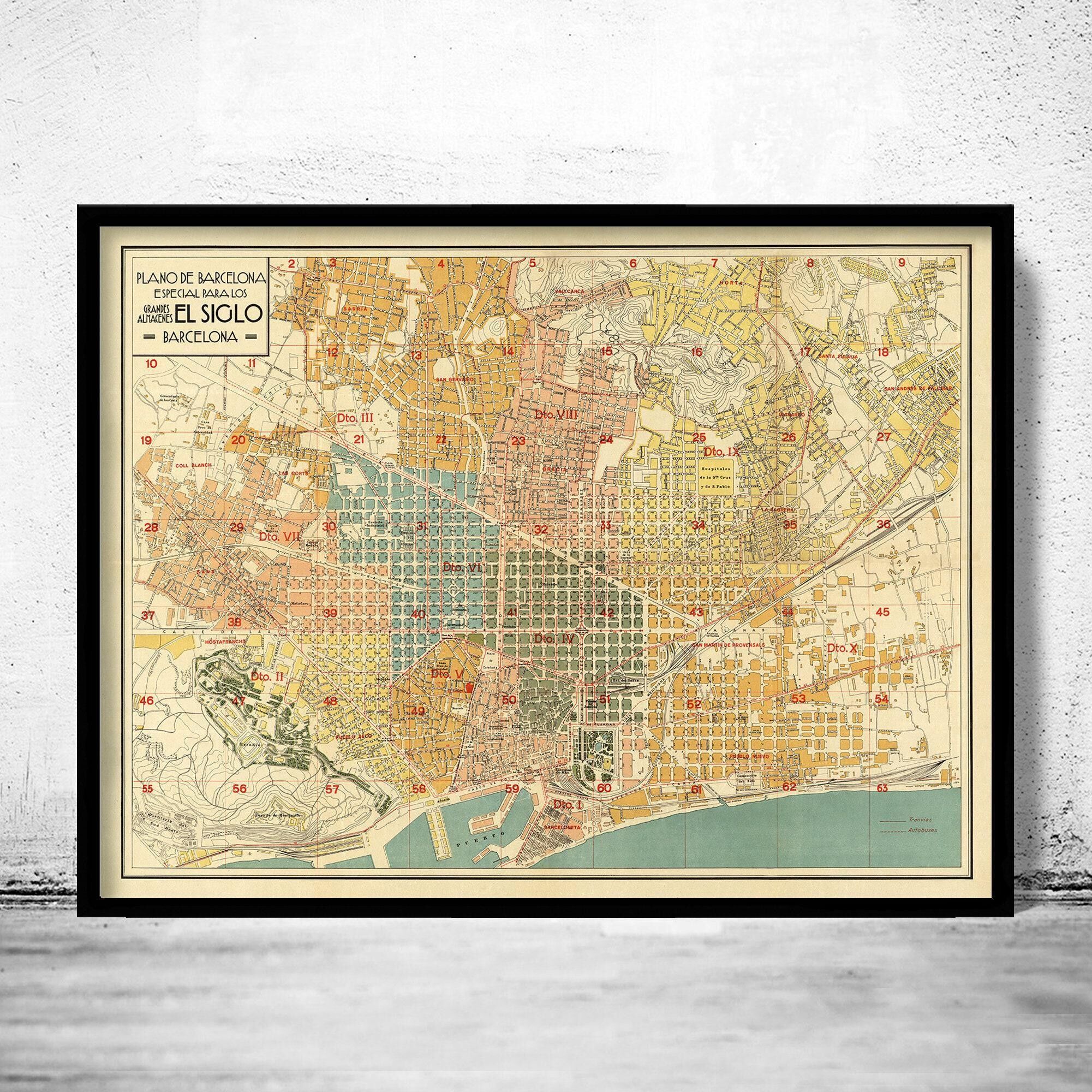 Old Map of Barcelona 1930 Vintage Map | Vintage Map Wall Art Print
