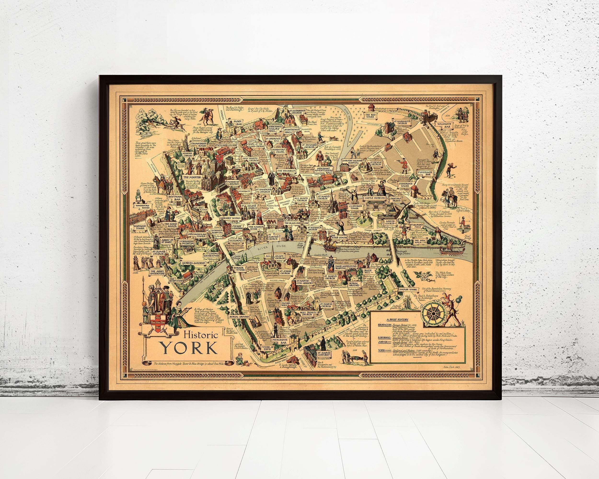 Vecchia mappa della città di York, Regno Unito, mappa storica, mappa vintage | Stampa artistica da parete con mappa vintage