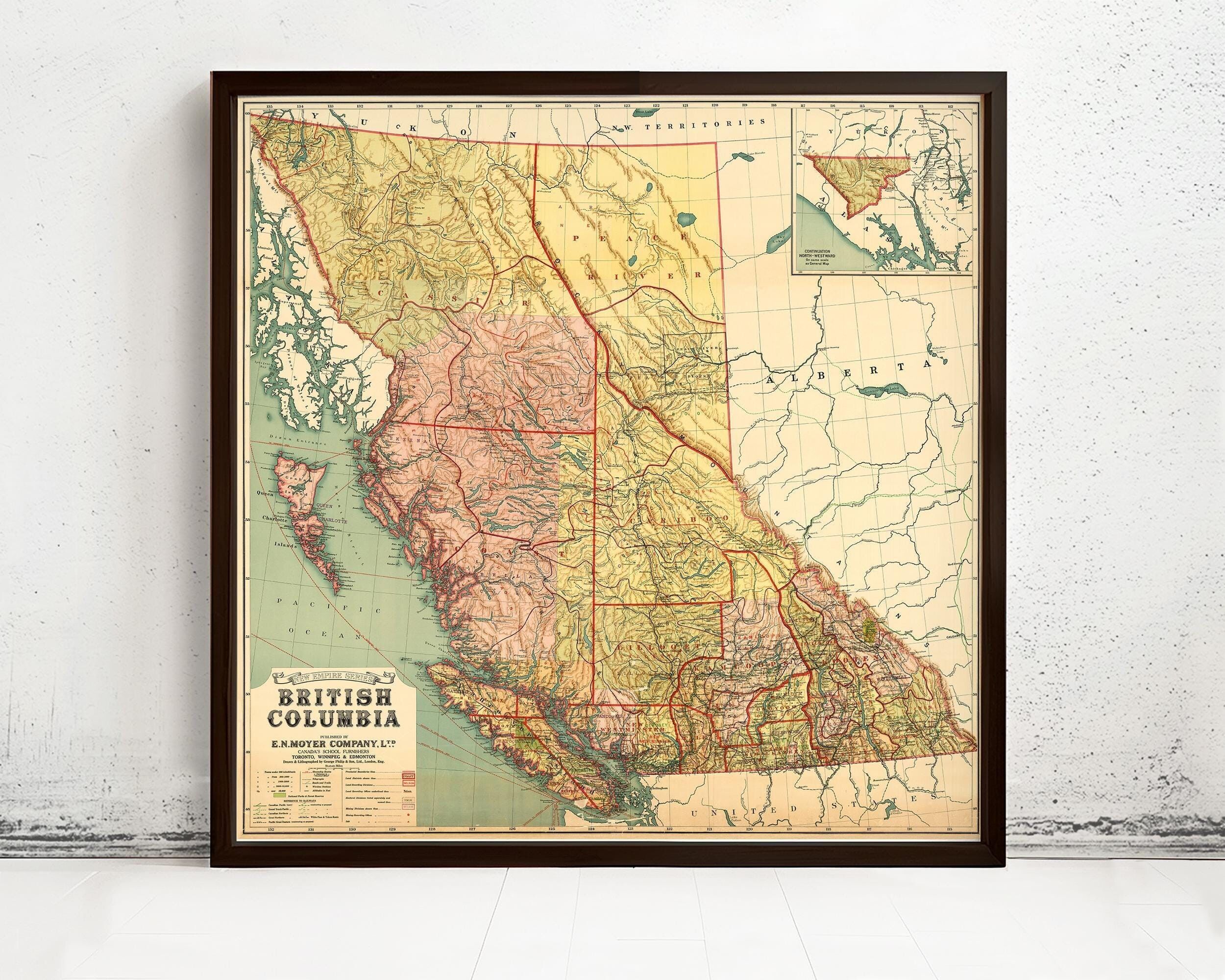 Old Map of British Columbia 1915 Canada Vintage Map | Vintage Map Wall Art Print