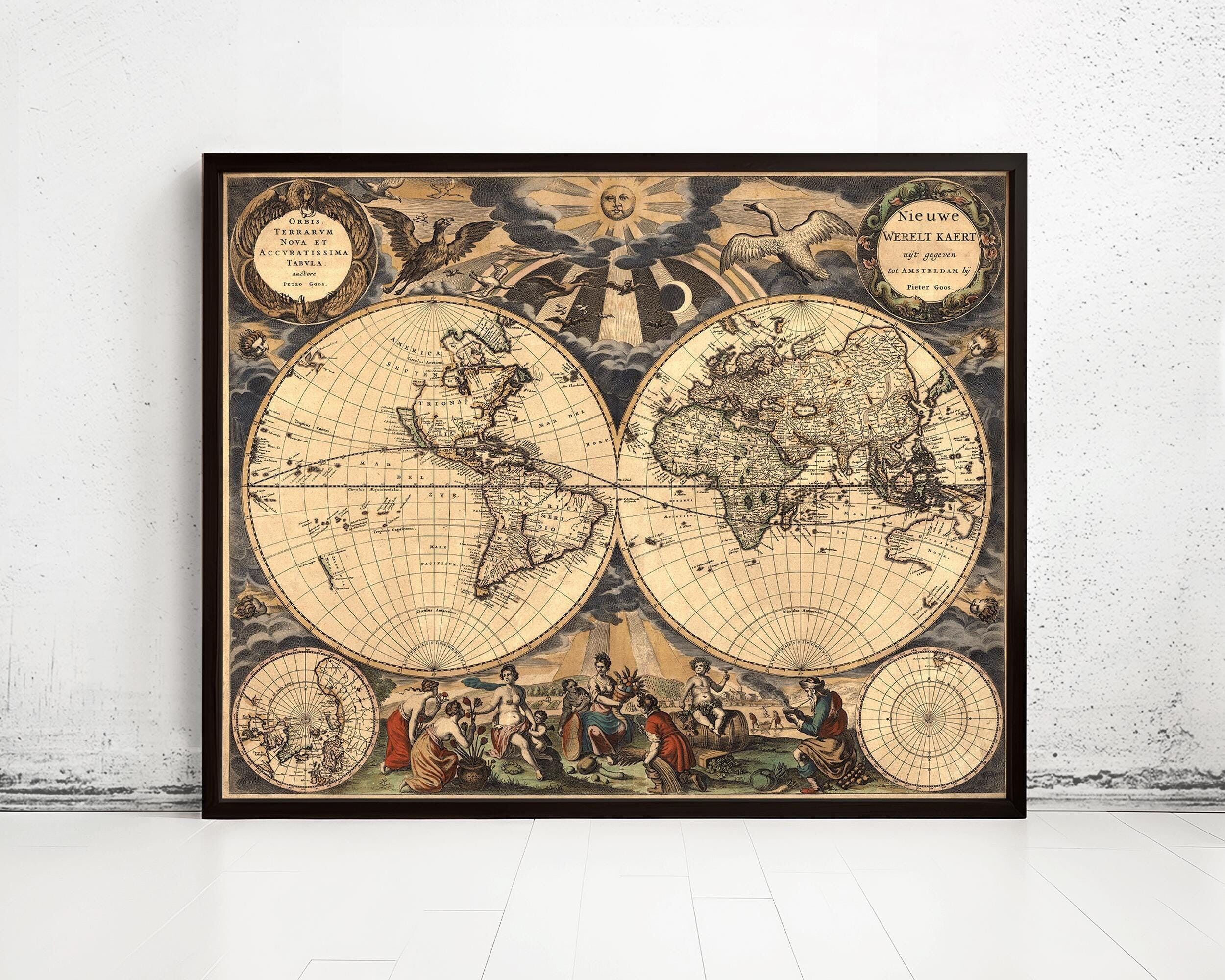 Vecchia mappa del mondo 1666 | Mappa del mondo in regalo | Stampa della mappa del mondo | Mappa del mondo vintage | Arte murale della mappa del mondo | Stampa di mappa di grandi dimensioni