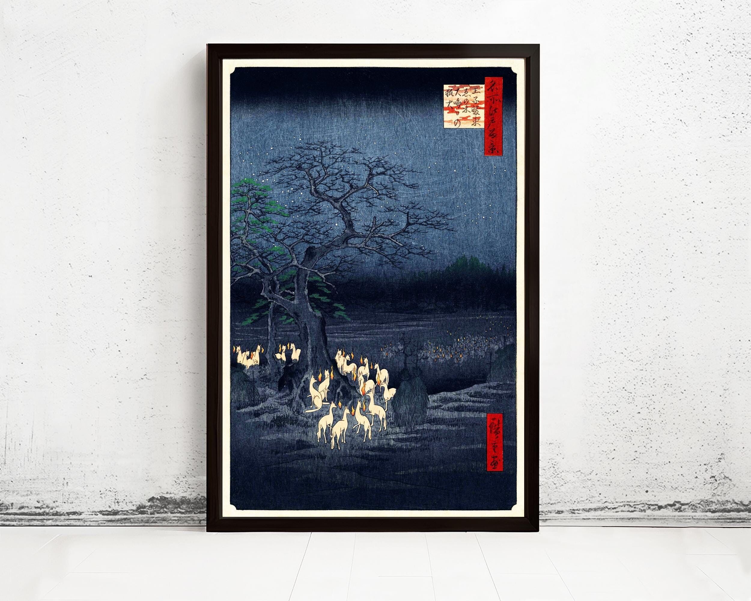 Japanese Art, Hiroshige New Year's Eve foxfires at the changing tree, Oji, 1857  | Vintage Map Wall Art Print | Hiroshige Print