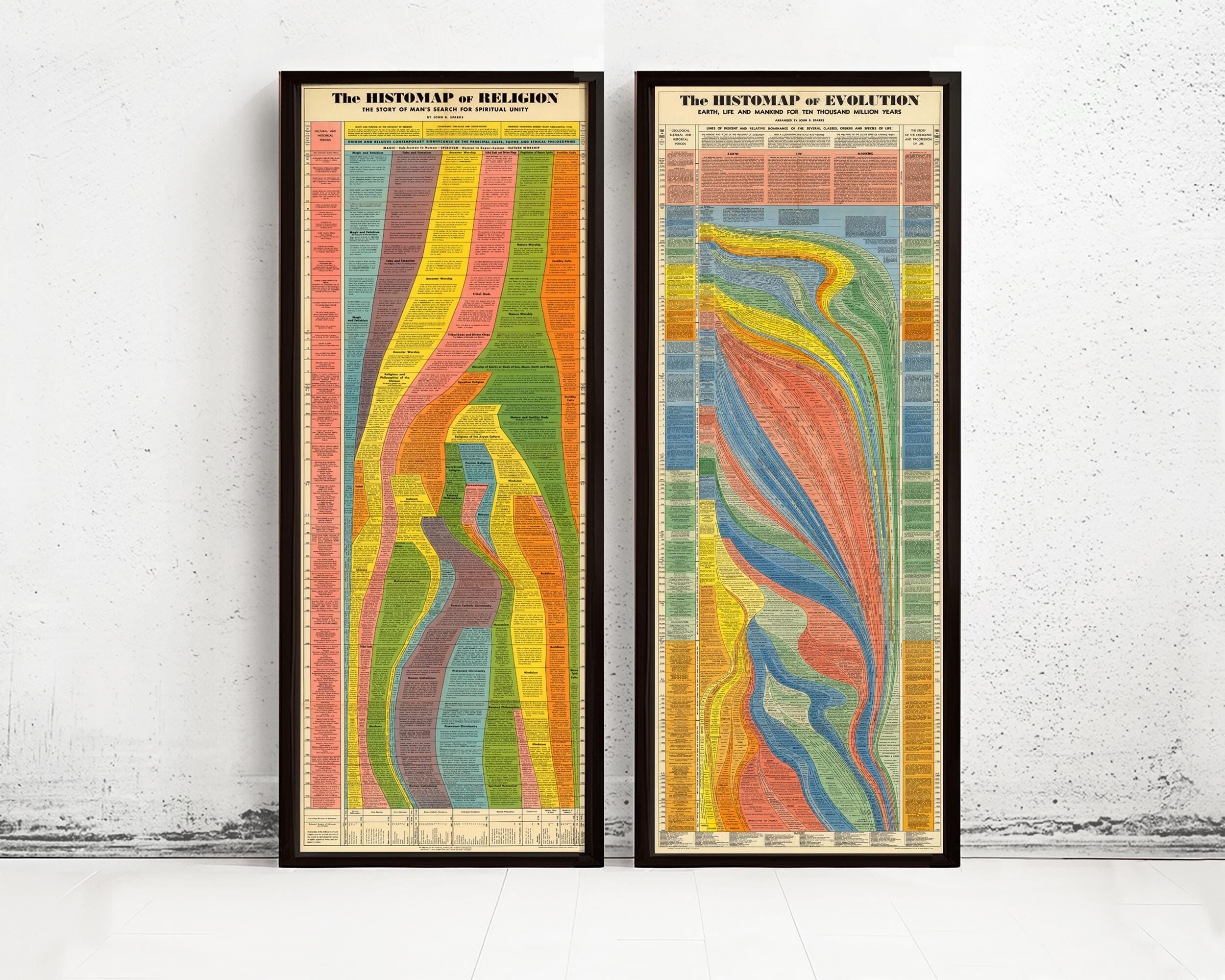 Double Set of Visual Timeline History: Histomap of Evolution and Histomap of Religion | Timeline Print  Wall Decor| World Timeline Chart