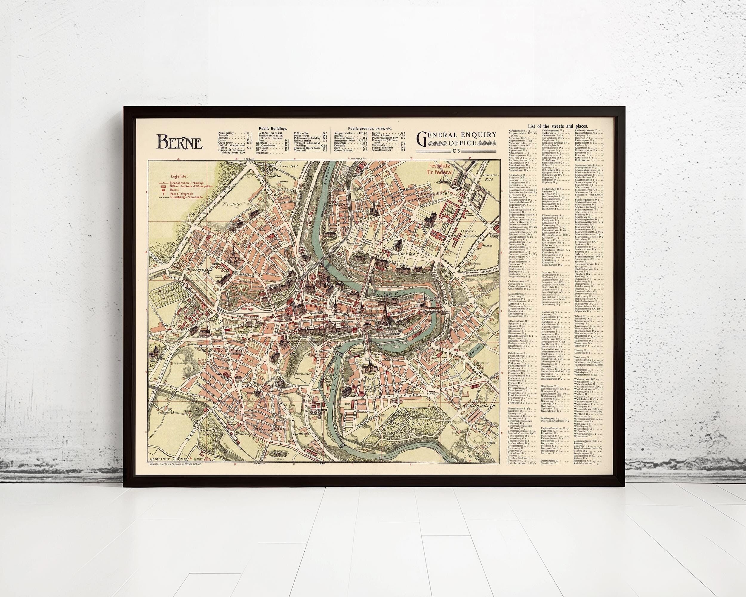 Old Map of Bern Berne 1910 Switzerland Suisse Vintage Map | Vintage Map Wall Art Print