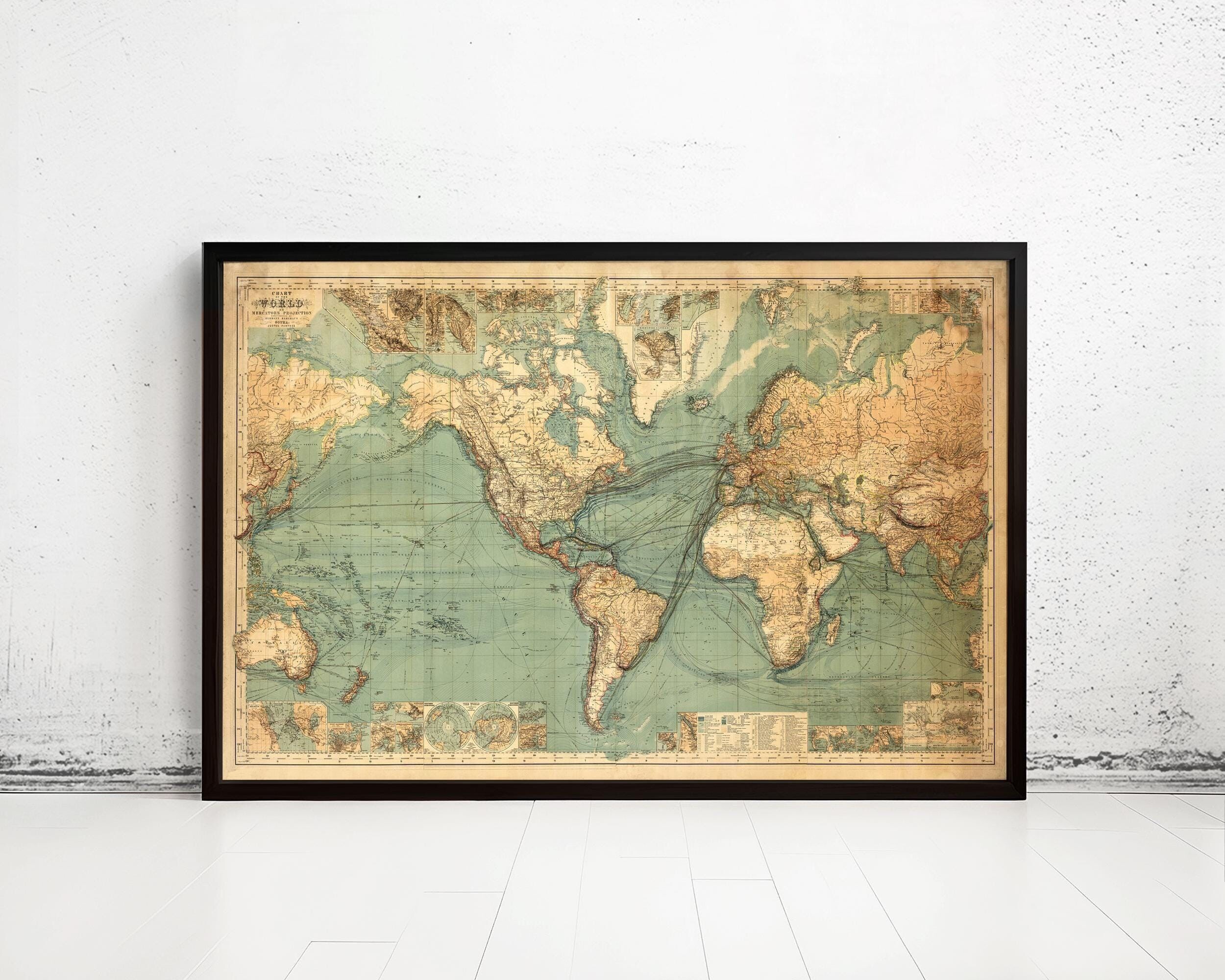 Grande mappa del mondo vintage del 1882 | Mappa del mondo in regalo | Mappa del mondo vintage | Mappa del mondo da parete | Stampa di mappa di grandi dimensioni