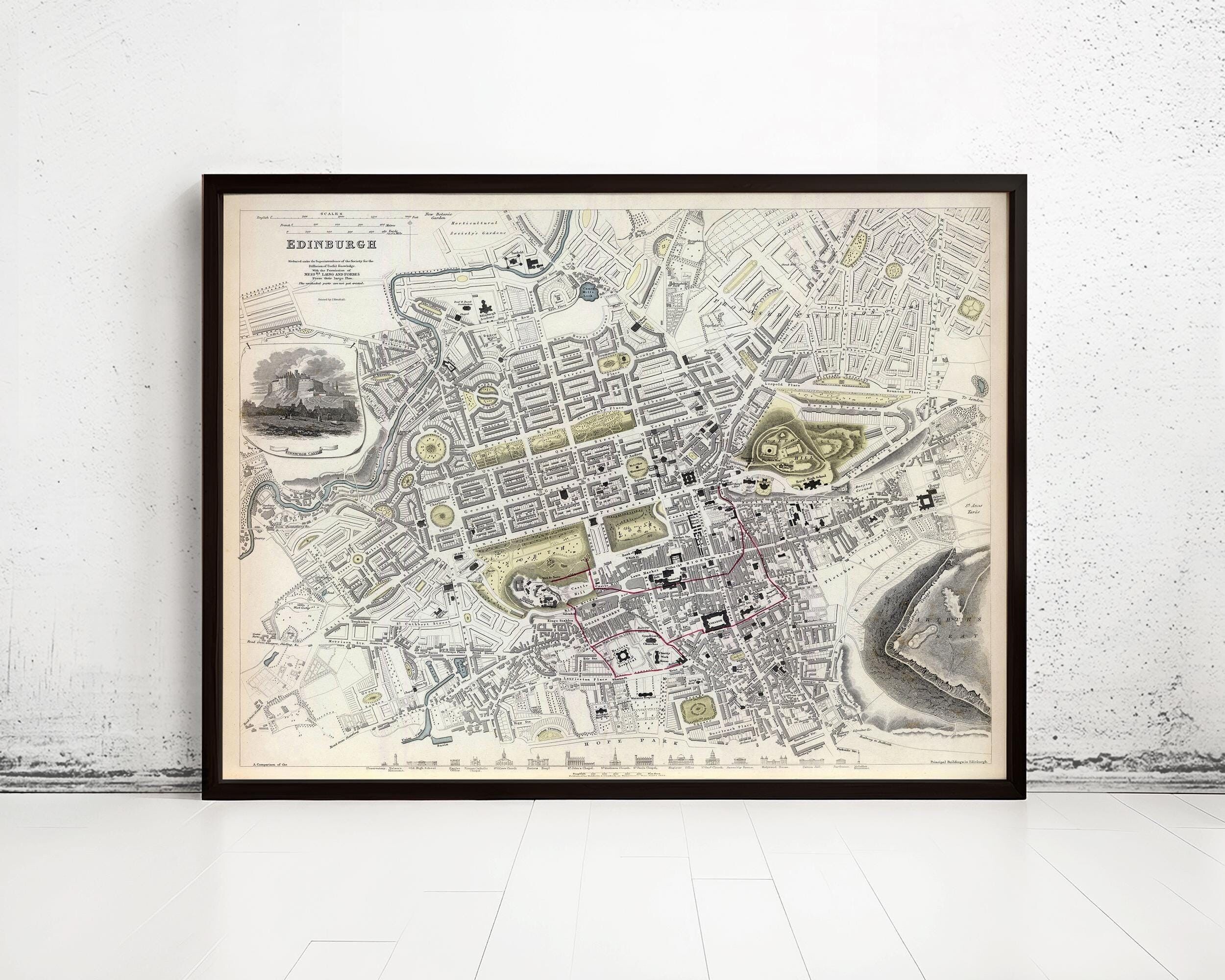 Old Map of Edinburgh Edinbourg with gravures, Scotland 1834 Vintage Map | Vintage Map Wall Art Print | Large Map Print