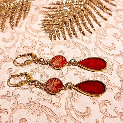 Pendientes de resina de latón y oro de 24 quilates con forma de gota de hoja de palma roja. Regalo para el Día de la Madre. Regalo para la maestra.