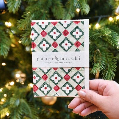 Hand Block Printed Greeting Card - Floral Checks Sage