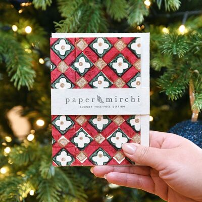 Hand Block Printed Greeting Card - Floral Checks Scarlet