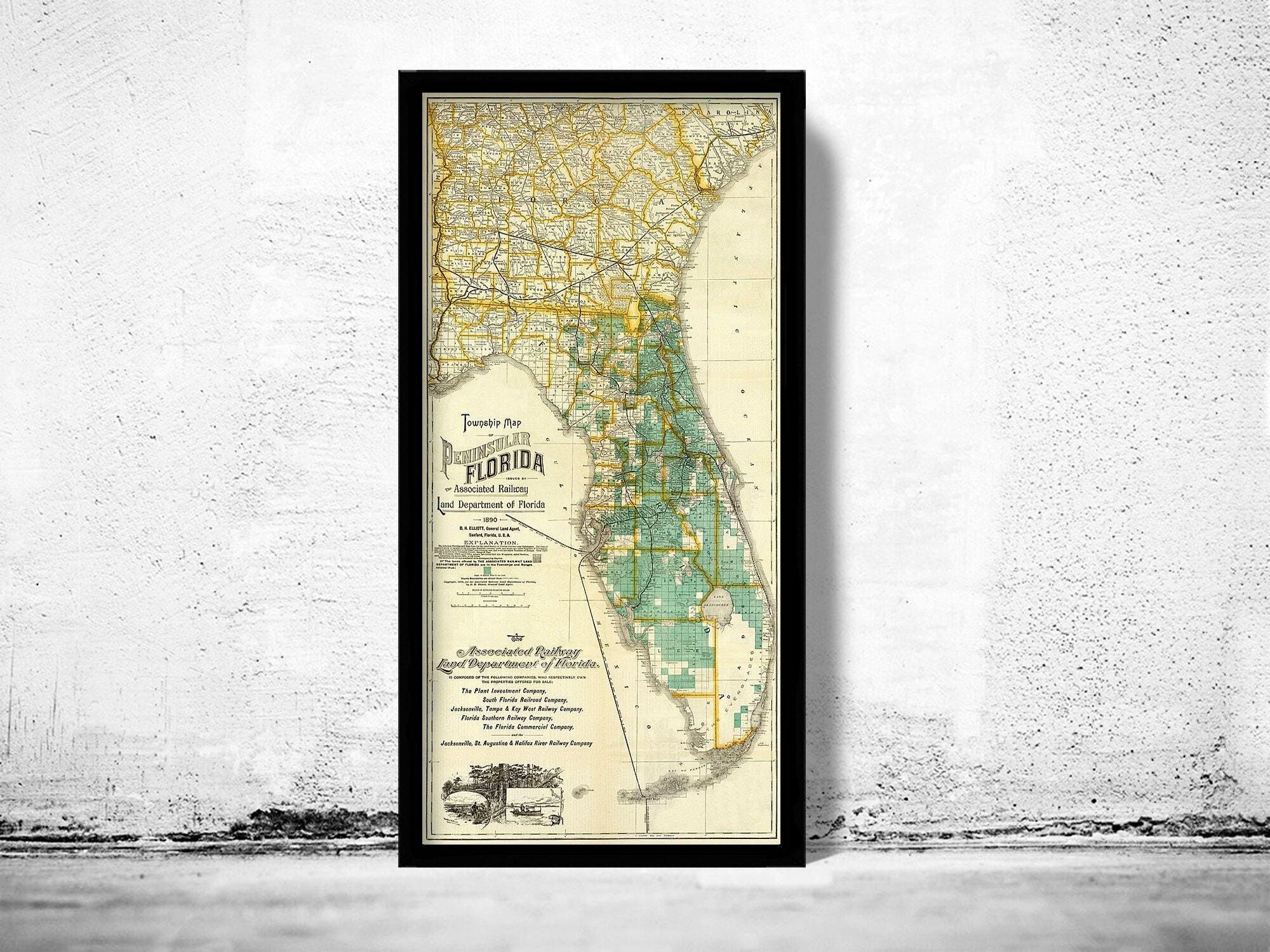 Old Map of Florida State 1890 Florida Vintage Map  | Vintage Map Wall Art Print