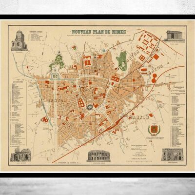 Old Map of Nimes France 1854 | Vintage Map Wall Art Print