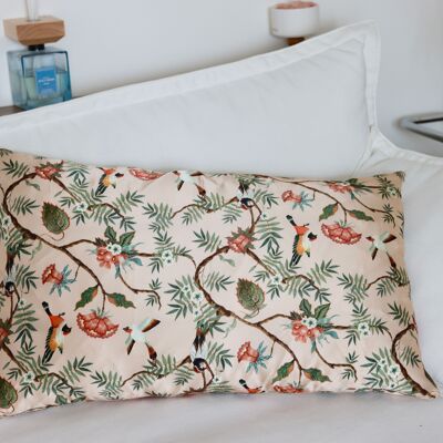 Funda de almohada de seda estilo vintage con pájaros y flores – Ropa de cama de seda chinoiserie beige (48 x 74 cm)