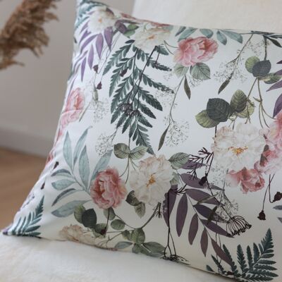 Funda de almohada de seda con estampado floral botánico: funda de cojín de inspiración vintage con rosas y helechos (48 x 74 cm)
