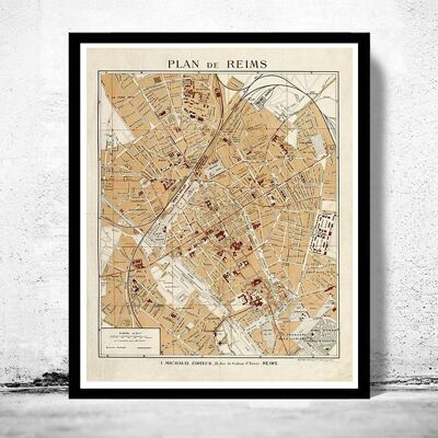 Old Map of Reims France 1926 | Vintage Map Wall Art Print