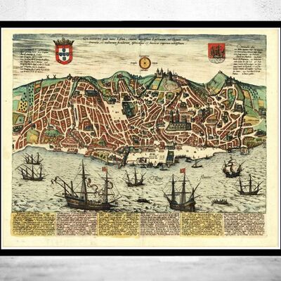 Old Map of Lisbon 1598 Lisboa Portugal Vintage MAp | Vintage Map Wall Art Print