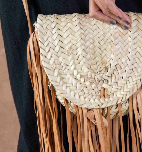 Bohemian Fringe Straw Bag – Natural Doum Palm Bag with Leather Fringe & Adjustable Strap