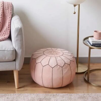 Pink Moroccan Leather Pouf Ottoman – Handcrafted Round 21″ x 12″ with Starburst Stitching