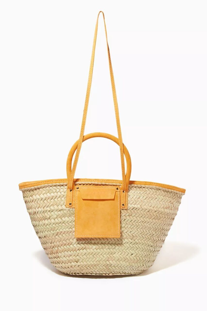 Stroh-Einkaufstasche – Luxuriöser Palmblattkorb mit Lederpatch
