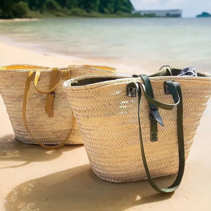 Stroh-Einkaufstasche – Luxuriöser Palmblattkorb mit Lederpatch