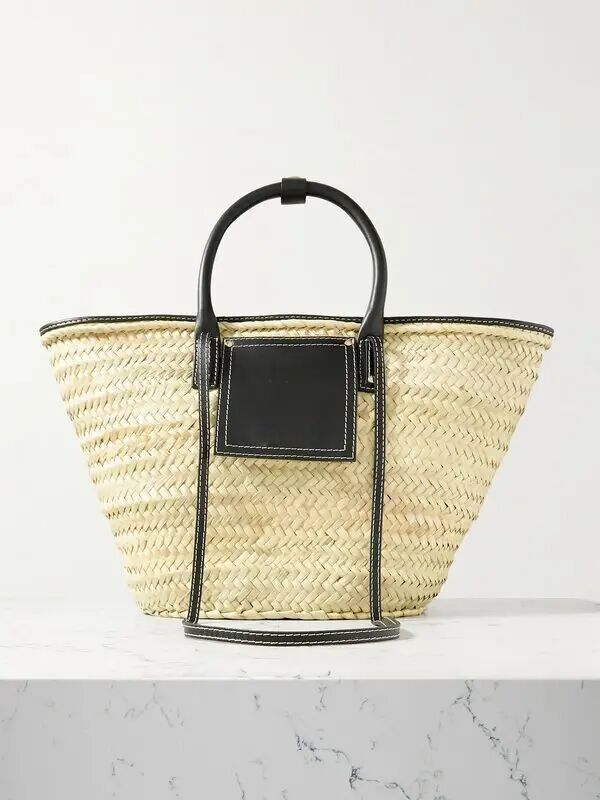 Stroh-Einkaufstasche – Luxuriöser Palmblattkorb mit Lederpatch