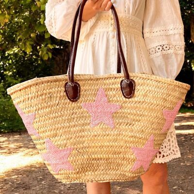 👜 Straw Tote Bag – Pink Sequin Stars – Handwoven & Chic