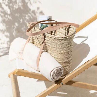 Sac fourre-tout marocain en feuilles de palmier avec poignées en cuir naturel
